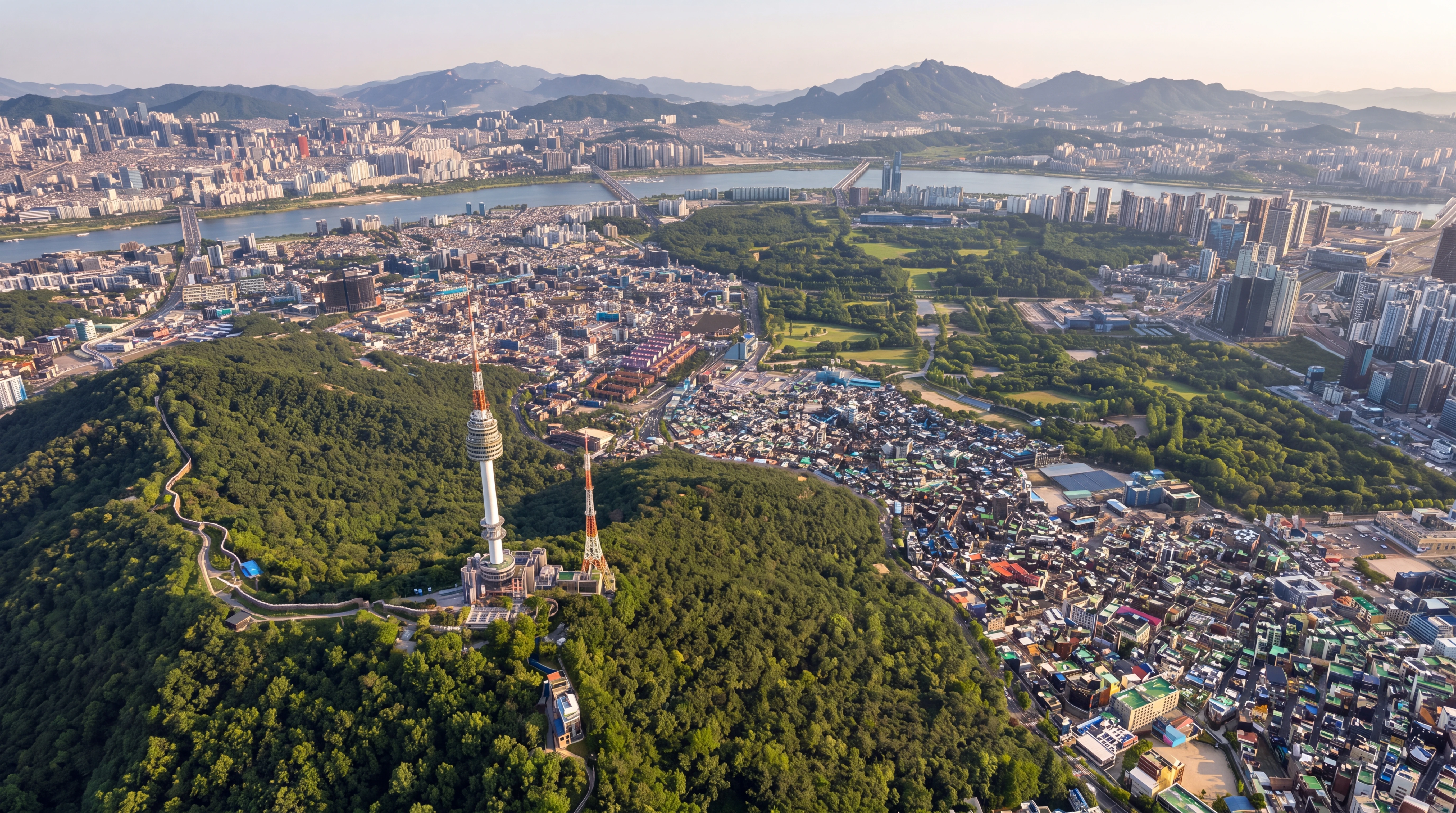 남산과 N서울타워에서 내려다본 해방촌·용산공원·한강 항공 전경