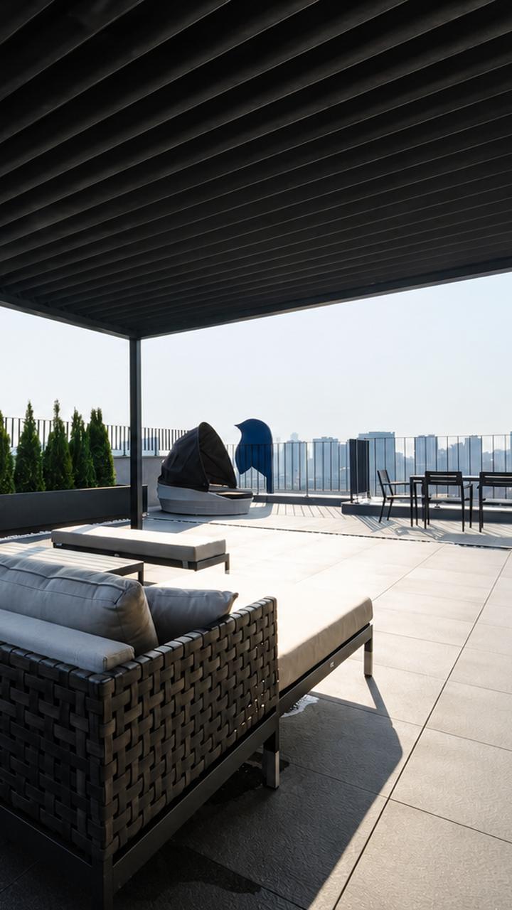 BLUE VIRD 옥상 테라스 — 도시 스카이라인과 파랑새 오브제